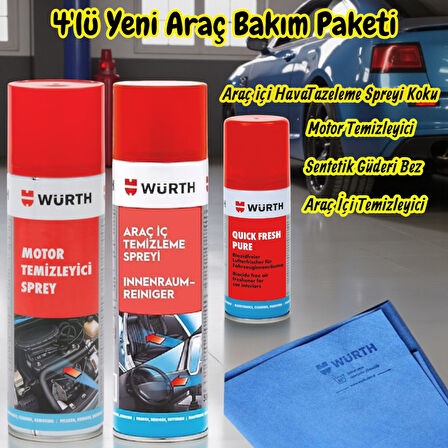 Würth Yeni Araç (Motor Temizleme,Araç İçi,Quick Fresh,Bez) Bakım Paketi 4'lü 