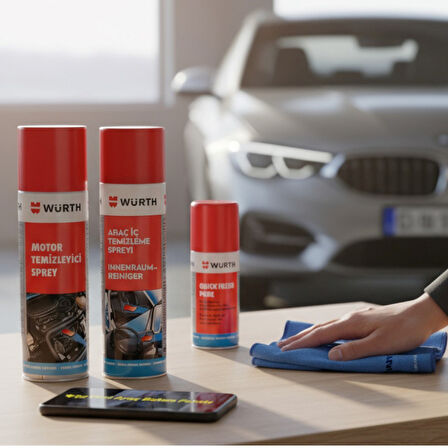 Würth Yeni Araç (Motor Temizleme,Araç İçi,Quick Fresh,Bez) Bakım Paketi 4'lü 