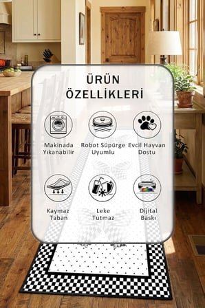 Yıkanabilir Kaymaz Dekoratif Siyah Beyaz Mutfak Halısı Tüy Tutmaz Leke Tutmaz