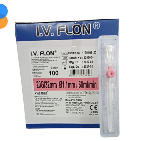 I.V Floon Branül (İntraket) Pembe G20/32mm 100'lü Kutu