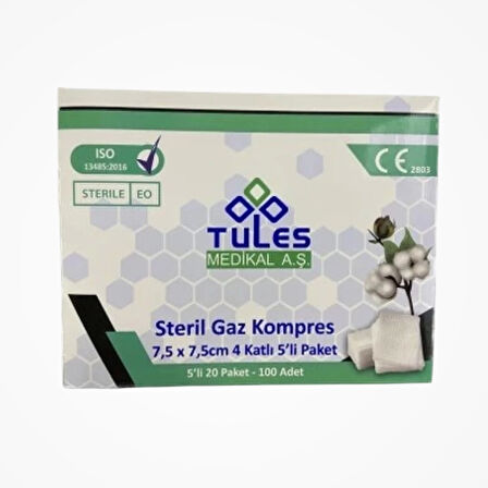 Tules Steril Gaz Kompres 4 Kat 7,5cm x 7,5cm (5'li Zarf) - 100'lü Kutu