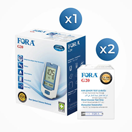 Fora G20 Kan Şeker Ölçüm Cihazı - Şeker Stribi 50'li Kutu x 2 Kutu (100 adet Strip)
