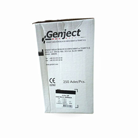Genject 2,5ml 3 Parça (Contalı) (22G / 38mm) Uzun Siyah Uçlu - 250'li Kutu