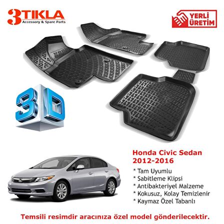 Honda Civic Sedan 2012-2016 Premium 3D Havuzlu Paspas Seti