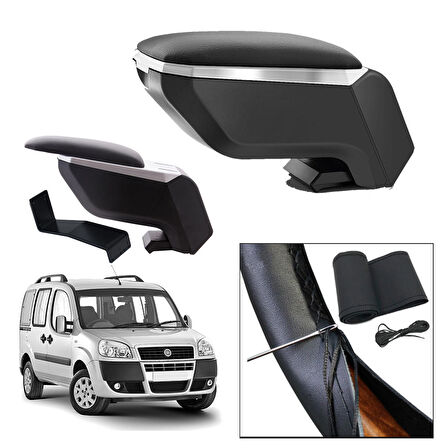 Lüks Set Fiat Doblo 2009 Delmesiz Çelik Ayaklı Gri-Siyah Kolçak Kol Dayama, Direksiyon Kılıfı