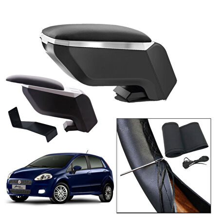 Lüks Set Fiat Grande Punto 2006 Delmesiz Çelik Ayaklı Gri-Siyah Kolçak Kol Dayama, Direksiyon Kılıfı