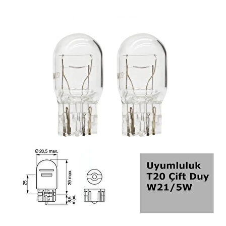 W21 Tip 5W Çift Duylu Halojen Ampul 12V 2 Adet