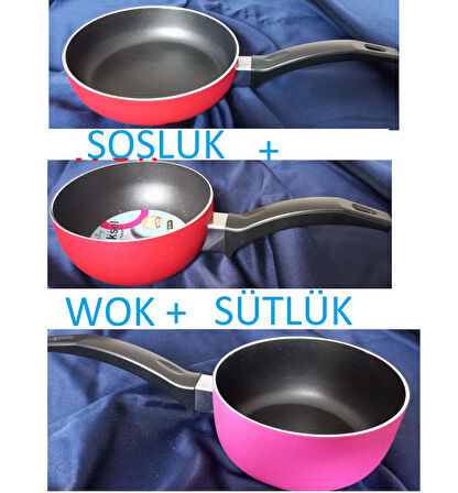 3 LÜ Teflon 14 cm Sos Tavası +12 cm SÜTLÜK +12 cm WOK tava sosluk ev öğrenci