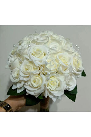 Beyaz Incili Gelin El Çiçeği,ıslak Beyaz Krem Gül Gelin Buketi,gelin El Çiçeği