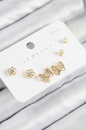 Pirinç Zirkon Taşlı Kelebek Model Gold Renk 925 Ayar Gümüş Çivi Kadın Küpe Set