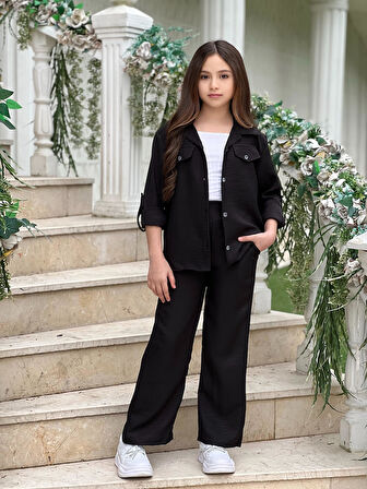 MODAVALS KOL KATLAMALI KETEN GÖMLEK CEPLİ KETEN ALT & SUPREM ASKILI BADİ 3LÜ KIZ ÇOCUK TAKIM