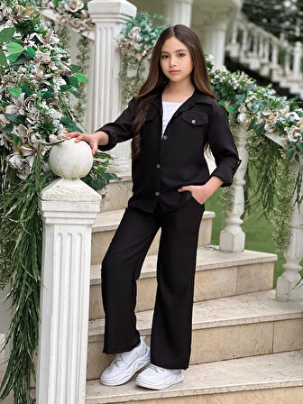 MODAVALS KOL KATLAMALI KETEN GÖMLEK CEPLİ KETEN ALT & SUPREM ASKILI BADİ 3LÜ KIZ ÇOCUK TAKIM