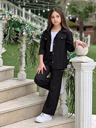 MODAVALS KOL KATLAMALI KETEN GÖMLEK CEPLİ KETEN ALT & SUPREM ASKILI BADİ 3LÜ KIZ ÇOCUK TAKIM