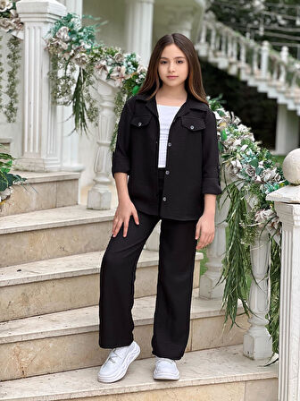 MODAVALS KOL KATLAMALI KETEN GÖMLEK CEPLİ KETEN ALT & SUPREM ASKILI BADİ 3LÜ KIZ ÇOCUK TAKIM