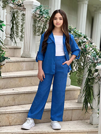 MODAVALS KOL KATLAMALI KETEN GÖMLEK CEPLİ KETEN ALT & SUPREM ASKILI BADİ 3LÜ KIZ ÇOCUK TAKIM