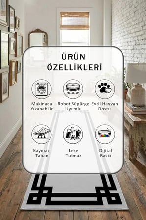 Klasik Açik Gri Siyah Yıkanabilir Kaymaz Taban Dijital Baskılı Yolluk Halı Gri