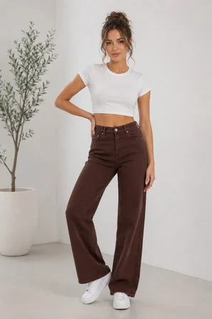 Nova Kadın Yüksek Bel Kaahverengi Salaş Jeans Wide Leg Geniş Paça Palazzo Kot Pantolon