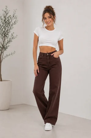 Nova Kadın Yüksek Bel Kaahverengi Salaş Jeans Wide Leg Geniş Paça Palazzo Kot Pantolon