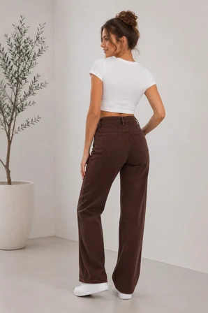 Nova Kadın Yüksek Bel Kaahverengi Salaş Jeans Wide Leg Geniş Paça Palazzo Kot Pantolon