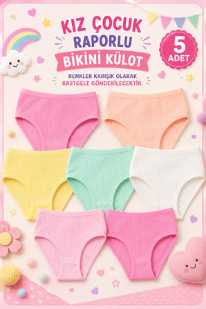 Kız Çocuk Külot Fitilli Bikini Külot (TUTKU YETKİLİ SATICISI) - Yumuşak Dokulu Esnek Bel Günlük Kullanıma Uygun Karışık Renk - 5 ADET