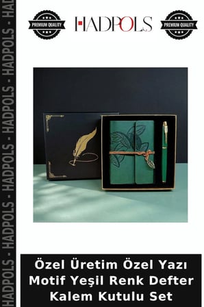 Özel Üretim Özel Yazı Motif Yeşil Renk Defter Kalem Kutulu Set
