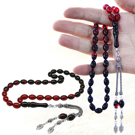 925 Ayar Gümüş Çift Püsküllü Arpa Kesim Süzme Kırmızı Ateş Kehribar Tesbih