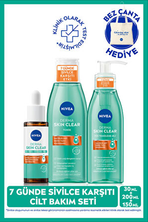 NIVEA Sivilce Karşıtı Cilt Bakım Seti, Derma Skin Clear Dengeleyici Serum 30ml, Yüz Temizleme Jeli 150ml, Tonik 200ml, Bez Çanta Hediye