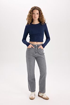 DeFacto Fitted Bisiklet Yaka Fitilli Kaşkorse Basic Düz Uzun Kollu Tişört Y9870AZ24AUNV241