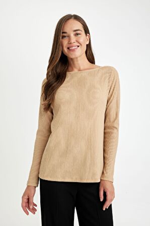 DeFacto Regular Fit Kayık Yaka Bürümcük Uzun Kollu Tişört D3711AX24AUBG260