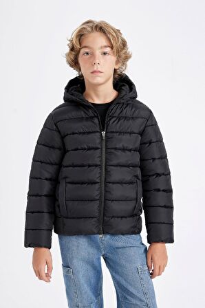 DeFacto Erkek Çocuk Su İtici Kapüşonlu Fermuarlı Basic Düz Cepli Şişme Mont A1875A824AUBK27