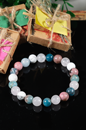 Sertifikalı Doğal Taş Kadın Tasarım Bileklik,pembe Kuvars,apatit, Aytaşı Akuamarin Sevgiliye Hediye