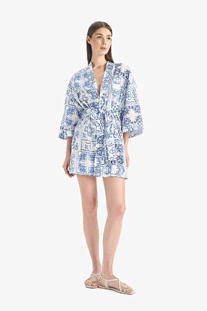DeFacto Regular Fit Desenli Kuşaklı Pamuklu Kimono-Fall in Love D0453AX25SPBE758