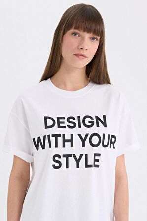 DeFacto Oversize Geniş Kalıp Bisiklet Yaka Baskılı Casual Kısa Kollu Tişört E5059AX25SPWT34