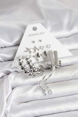 Gümüş Renk Pirinç 6'lı Kadın Küpe Seti