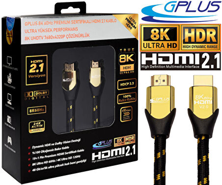 Gplus 8K60 6 Metre 60Hz 48 Gbps HDCP 2.3 DHDR VRR QMS 8K Ultra HDMI 2.1 eARC 26 AWG Örgülü Premium Kablo 6MT