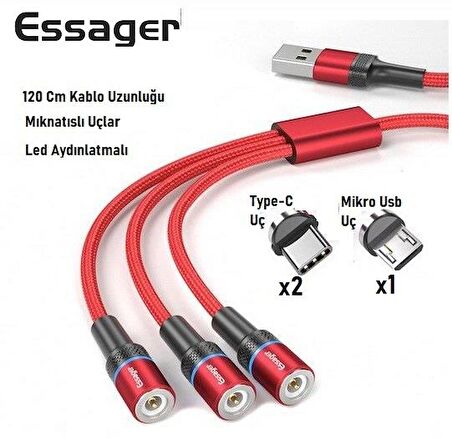 Essager Manyetik Mıknatıslı 3 Başlıklı 120 Cm Kablo 2 adet type-c 1 adet mikro usb uç