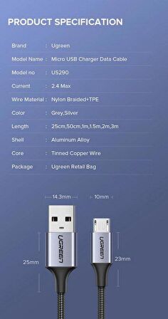 Ugreen 2.4A USB to Mikro Usb Kablo 100Cm