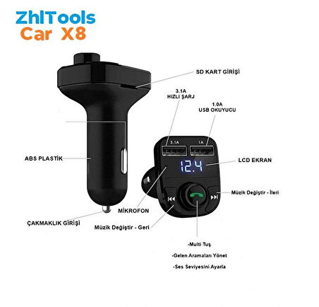 Zhltools Car X8 Otomobil Fm Transmitter Bluetooth Usb Mp3 Sd Kart 