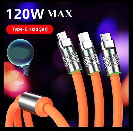 Zhltools 3 in 1 Usb to Type-C - Micro Usb - Lightning 120W Hızlı Şarj Kablosu 1.2 metre Turuncu