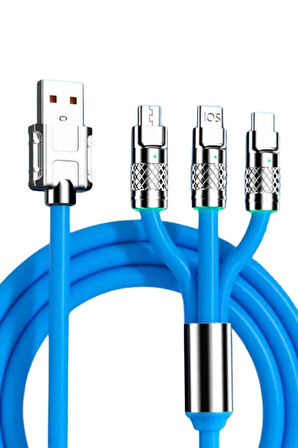 Zhltools 3 in 1 Usb to Type-C - Micro Usb - Lightning 120W Hızlı Şarj Kablosu 1.2 Mt Mavi