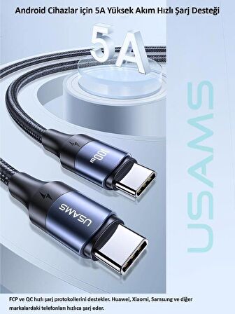 Usams Örgülü 1.2 Metre Type-C to Type-C 100w 5A Pd Hızlı Şarj ve Data Kablosu