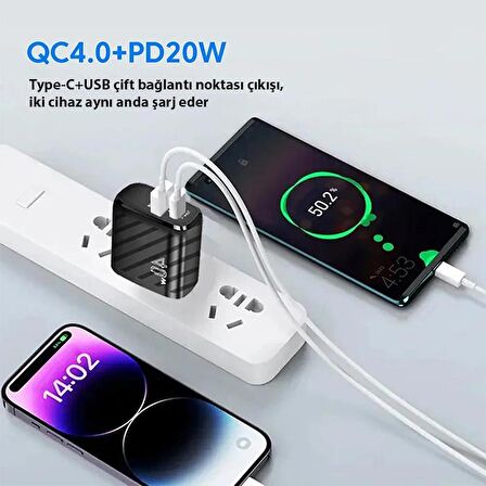 ALLY 40W Type-C + USB QC3.0 PD Hızlı Şarj Adaptörü Şarj Başlığı Beyaz