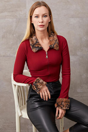 Zhlbutik Yakası Kürklü Fermuarlı Bluz