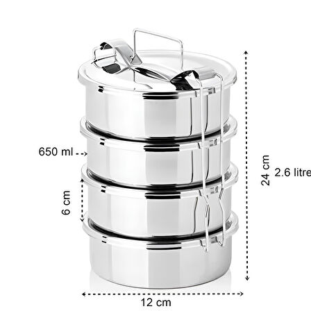 Zhltools Sefer Tası Yemek Kabı Paslanmaz Çelik 4 Katlı 12 cm 650 ml