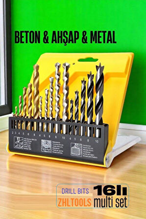 Zhltools Matkap Ucu Seti- Beton Metal Ahşap Matkap Ucu Drill Bits Set 16 lı SET