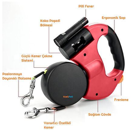 Süslüpati Çok Fonksiyonlu Çift Köpek Gezdirme Tasması Kırmızı