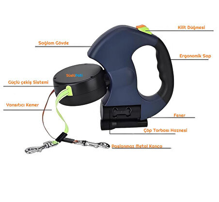 Süslüpati Çok Fonksiyonlu Çift Köpek Gezdirme Tasması Lacivert