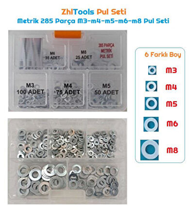 Zhltools Pul Seti Metrik 285 Parça M3-m4-m5-m6-m8 Pul Seti