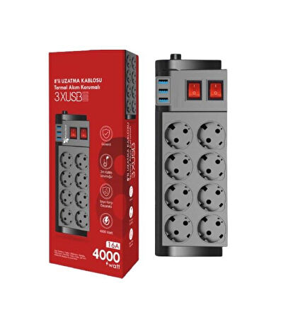 Zhltools Termal Akım Korumalı Isıya Karşı Dayanıklı 8li Priz Kablo Uzunluğu 2 mt 3 x Usb