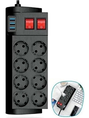 Zhltools Termal Akım Korumalı Isıya Karşı Dayanıklı 8li Priz Kablo Uzunluğu 2 mt 3 x Usb